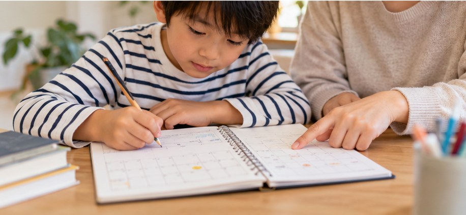 保護者と子どもが日本語の学習予定を一緒に確認するイメージ