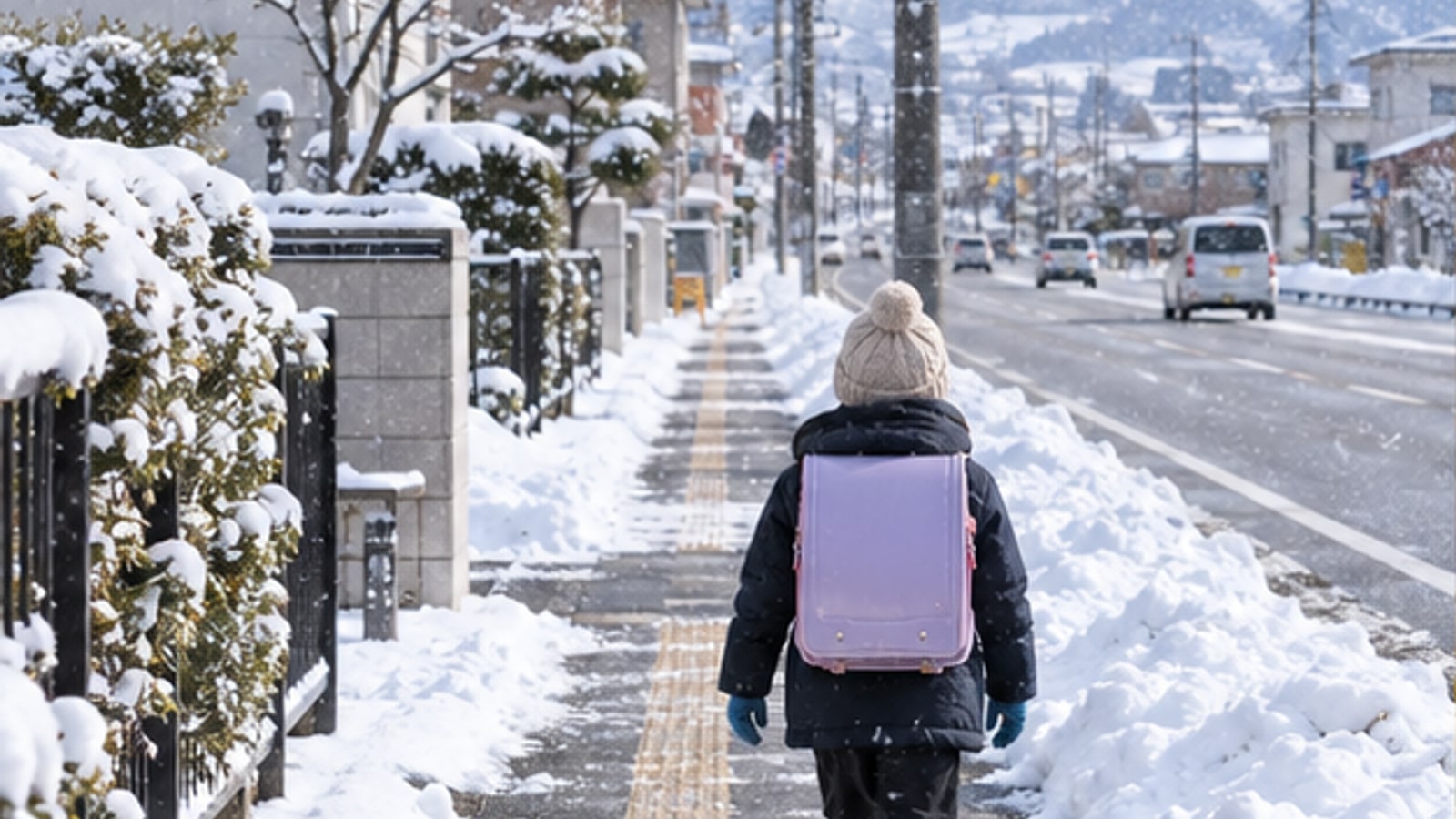雪の日の安全な通学路をイメージした上越市の風景
