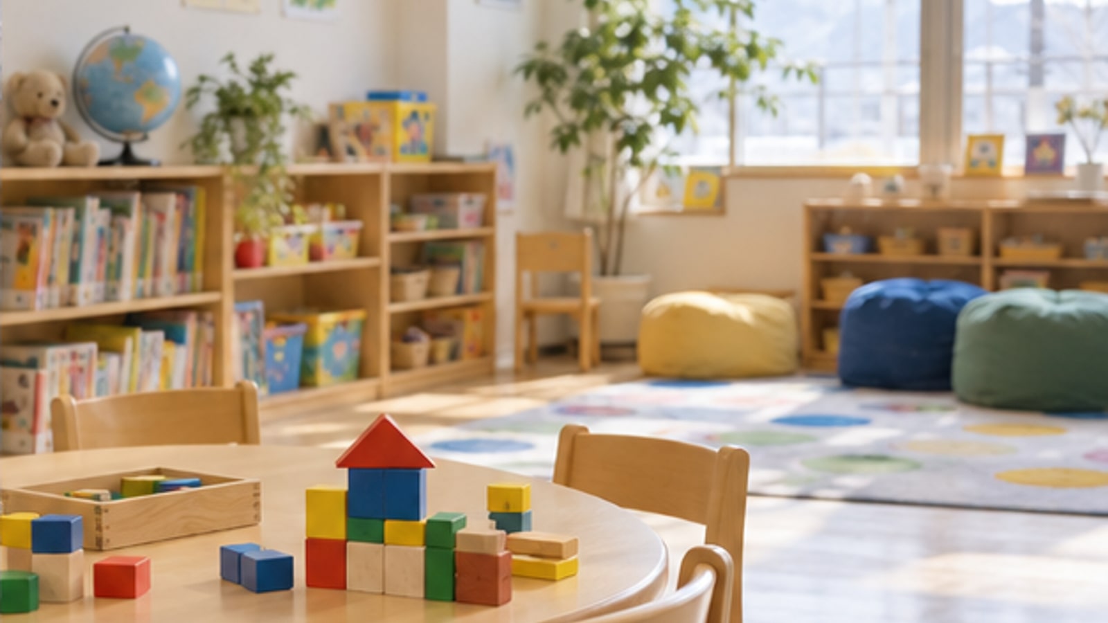 絵本と積み木のある明るい幼児向け学習室のイメージ