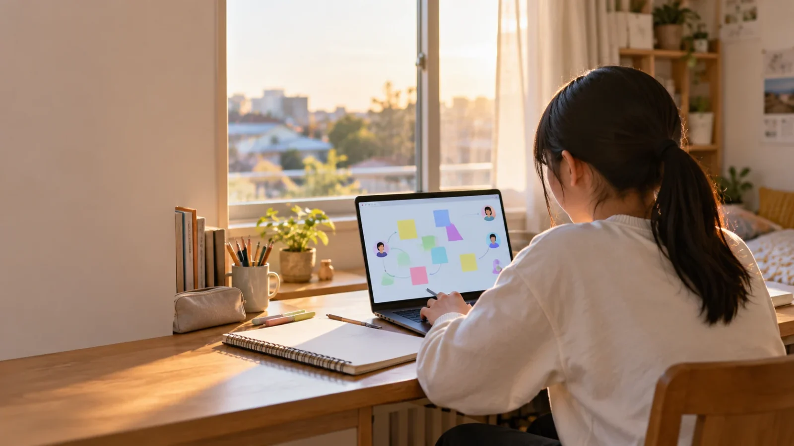 自宅からオンライン活動に参加する中学生のイメージ