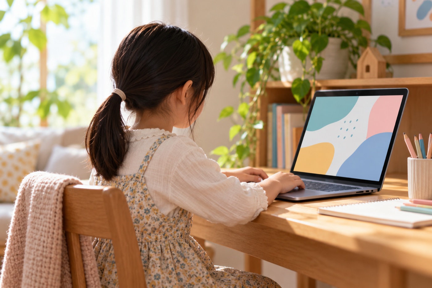 子どもが自宅でオンラインの学び場につながる様子を表したイラスト