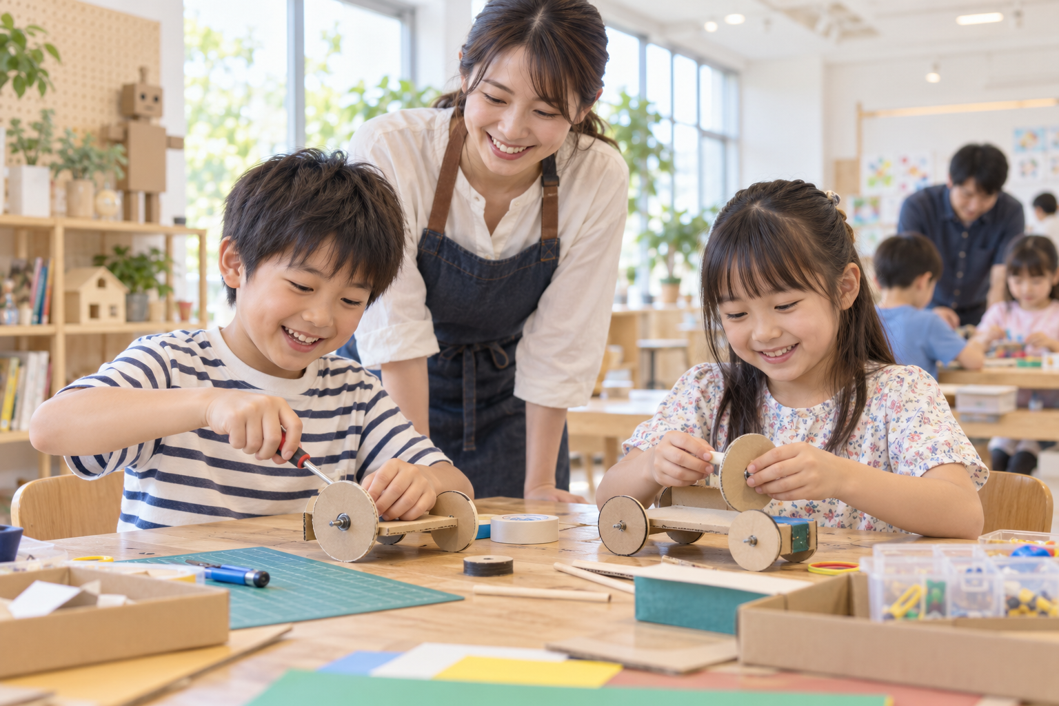 子どもが木や紙の素材で工作をする生成イメージ。鹿児島市の講座を撮影した写真ではありません