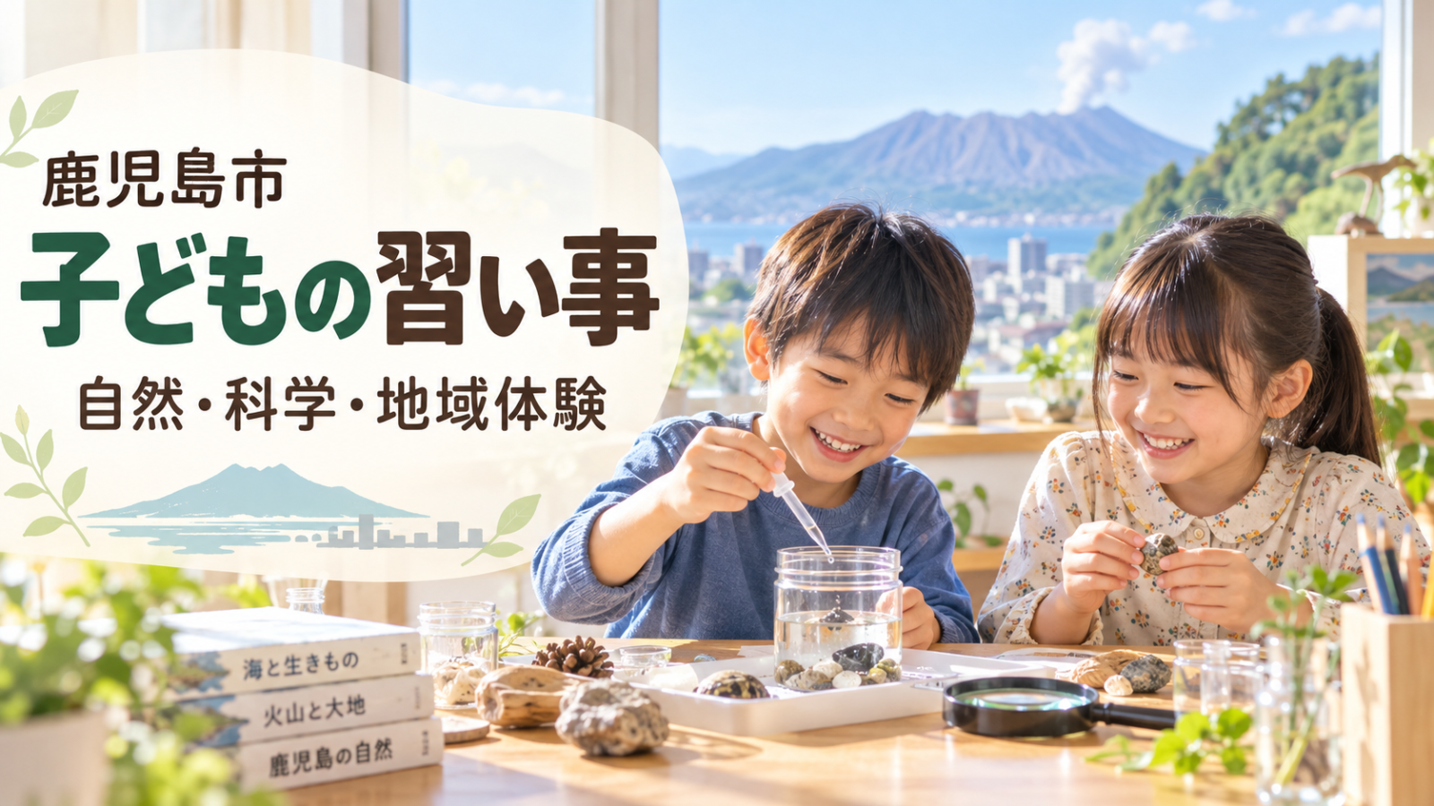 鹿児島市の子どもの習い事ガイド。桜島を望む明るい室内で笑顔の日本人の子どもたちが科学・工作を楽しむ文字入り生成画像