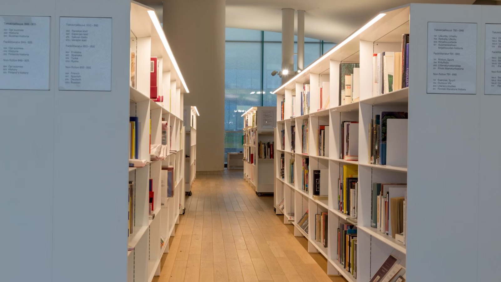 大きな窓から光が差し込む、広い図書館