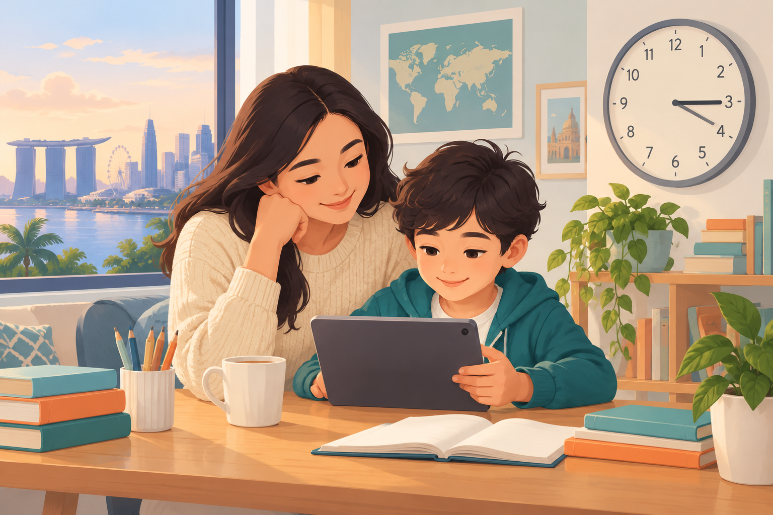 海外の家庭で保護者と子どもがタブレット受検の環境を確認するイメージ