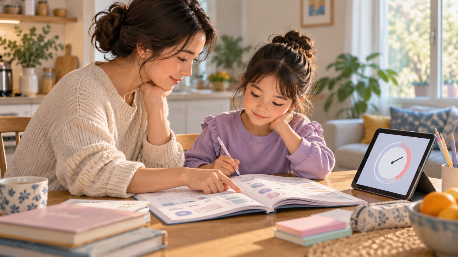 海外の家庭で保護者と子どもが日本語学習の予定を相談するイメージ