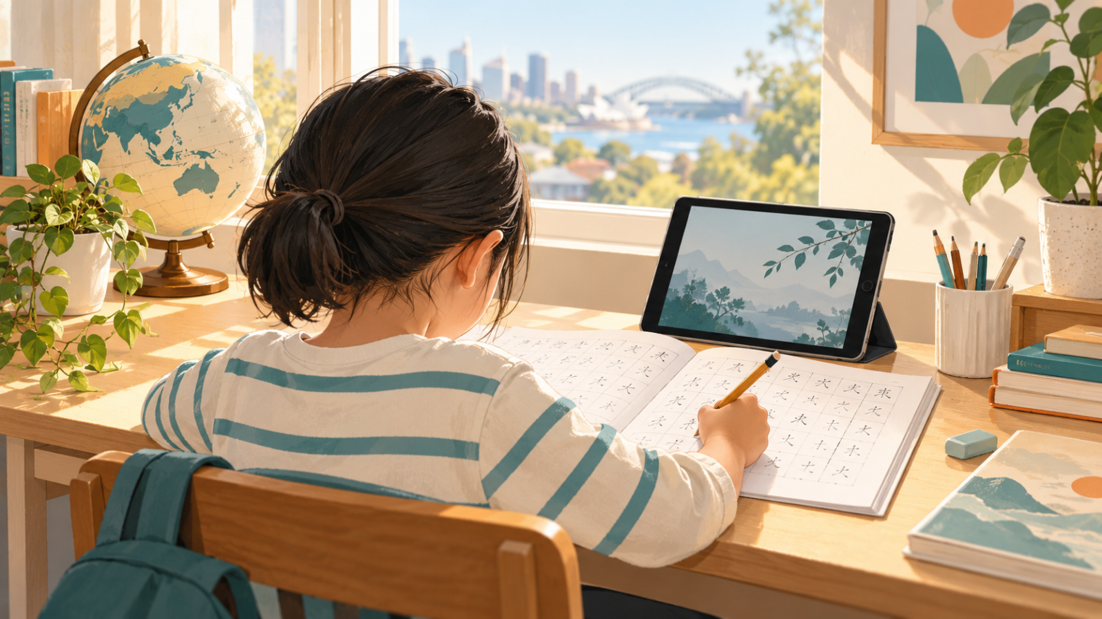 海外在住の子どもが自宅で漢字学習をするイメージ