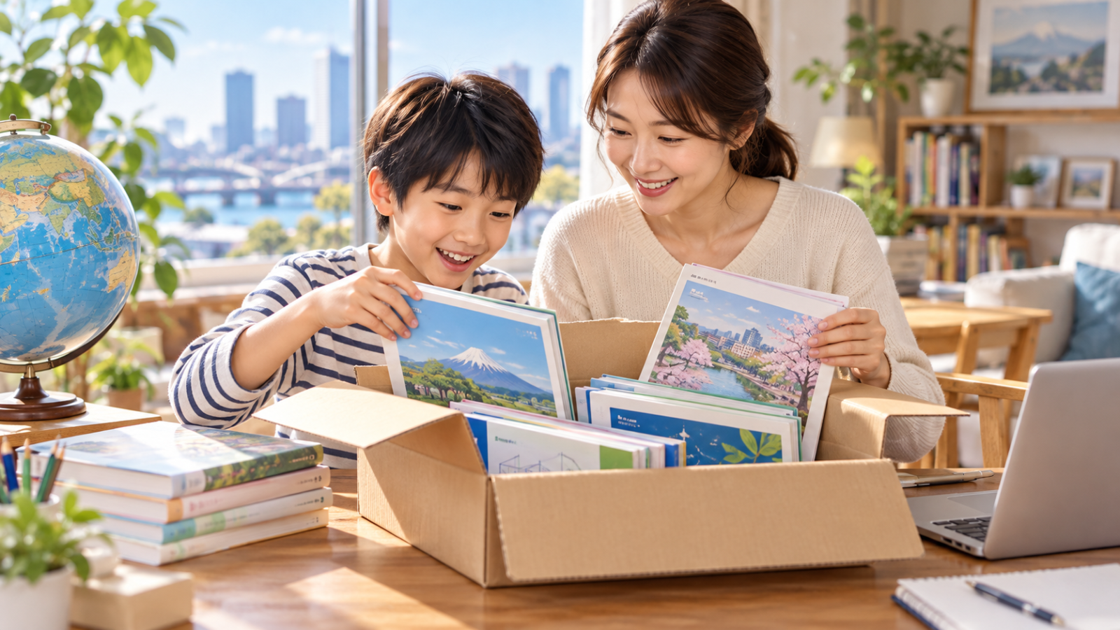 海外の家庭で日本の教科書を受け取り、親子で確認するイメージイラスト
