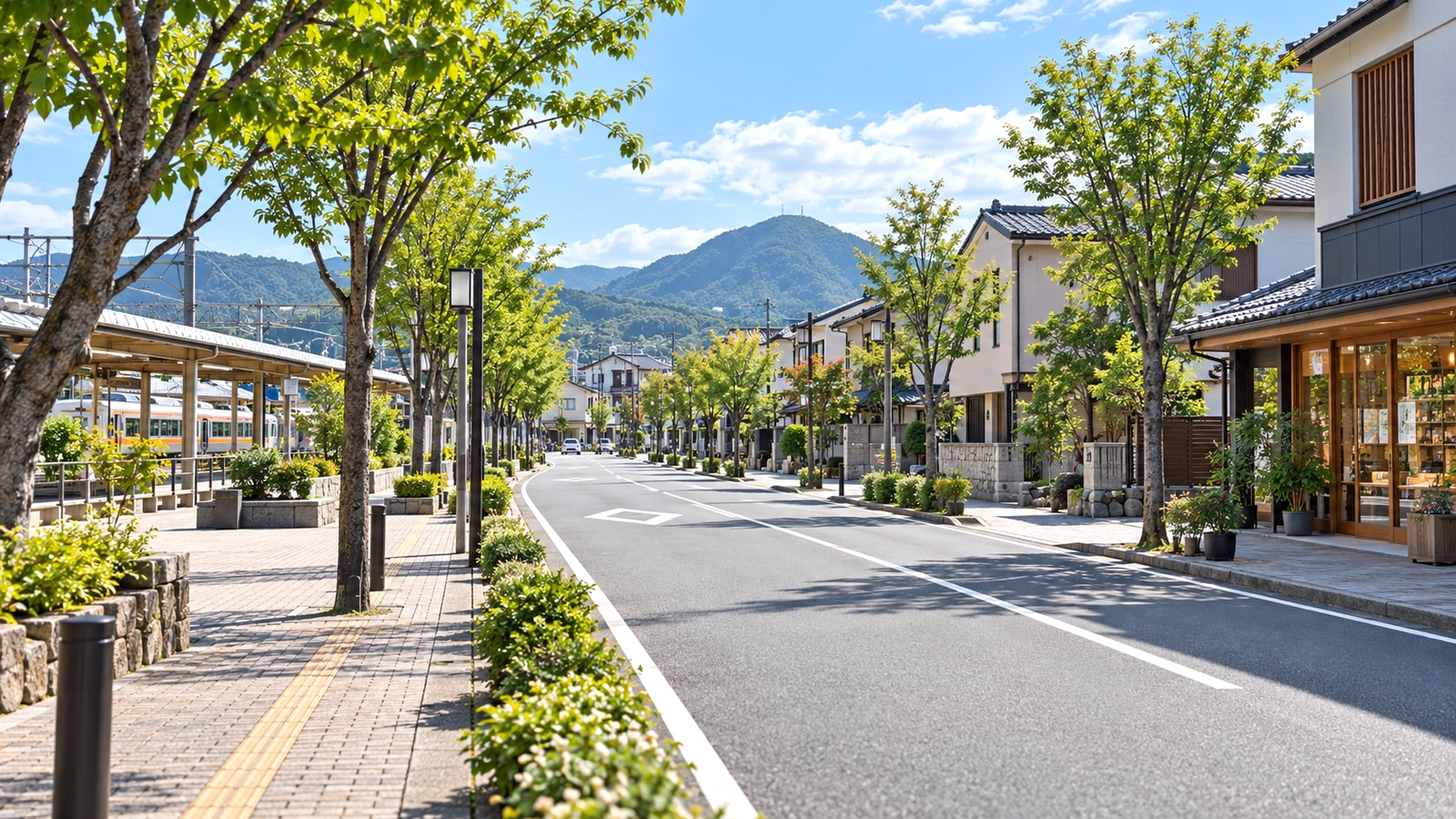 木々と住宅地が広がる岐阜地域の通学路をイメージした風景