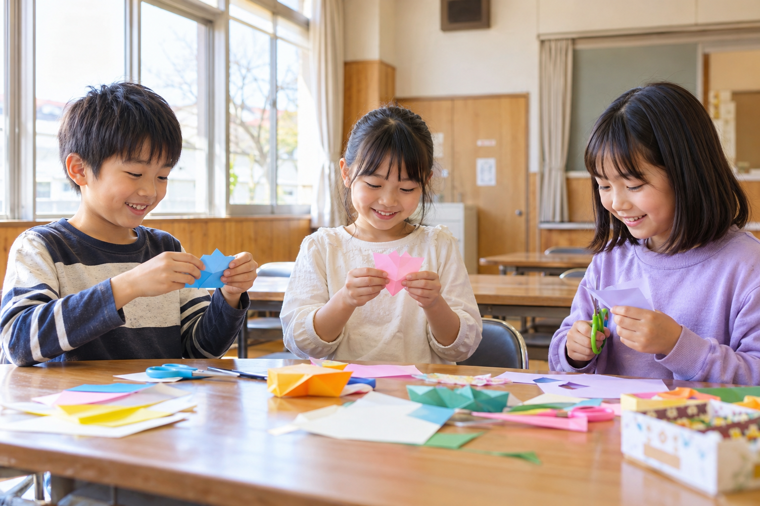 紙工作を楽しむ笑顔の日本人の子どもたちを表現した生成イメージ