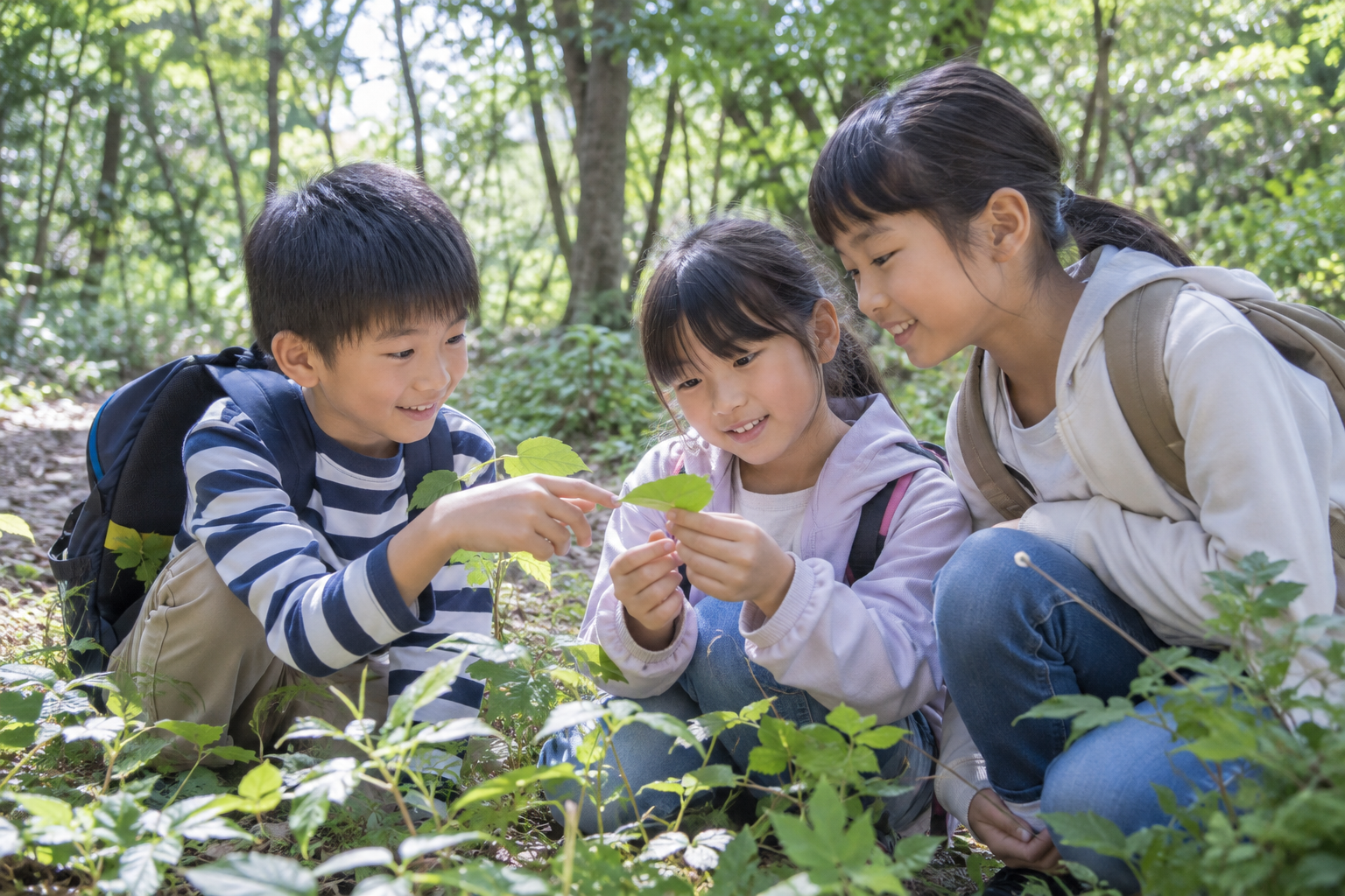 地域の自然を観察する子どもたちを表現した明るい生成イメージ