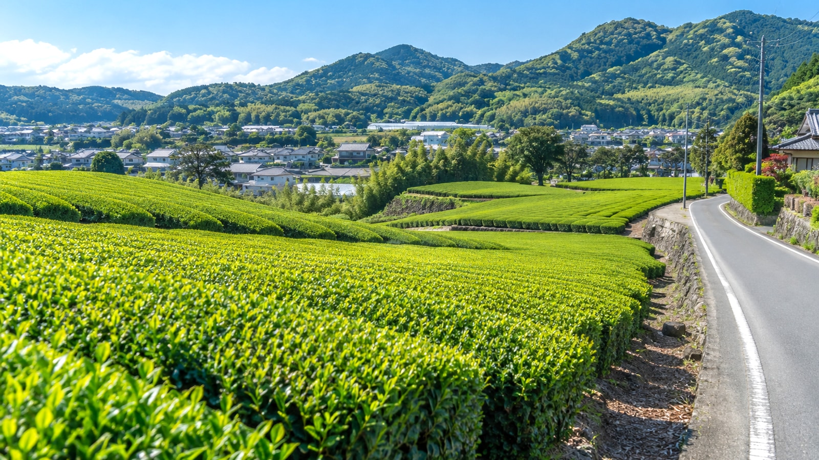 掛川市の茶畑と通学路をイメージした明るい景色