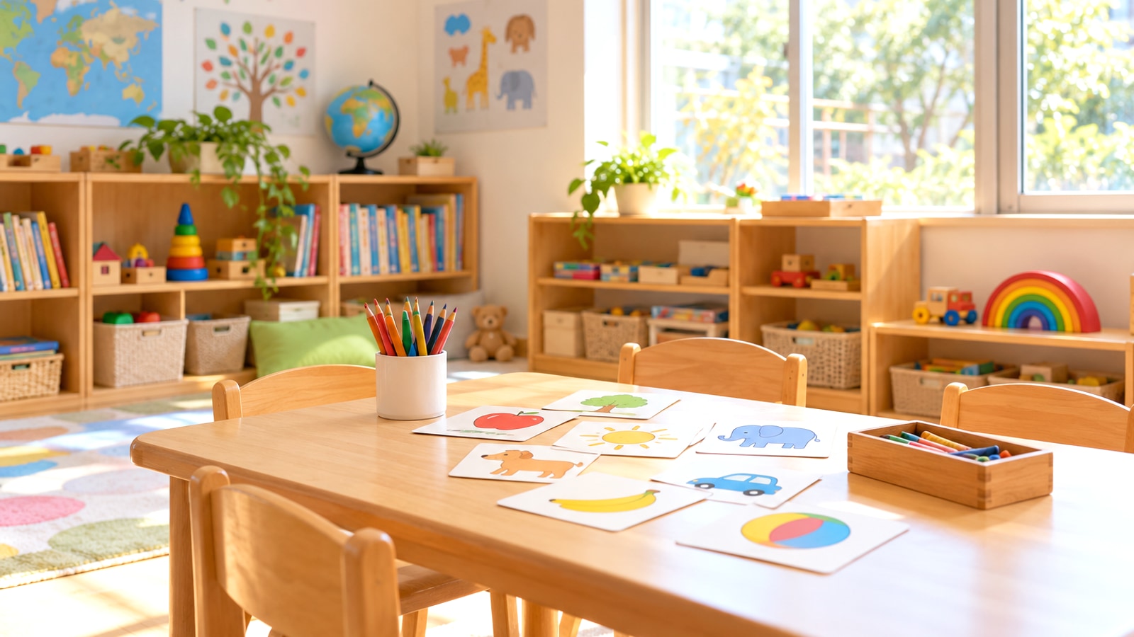 絵カードを並べた明るい幼児クラスの学習机