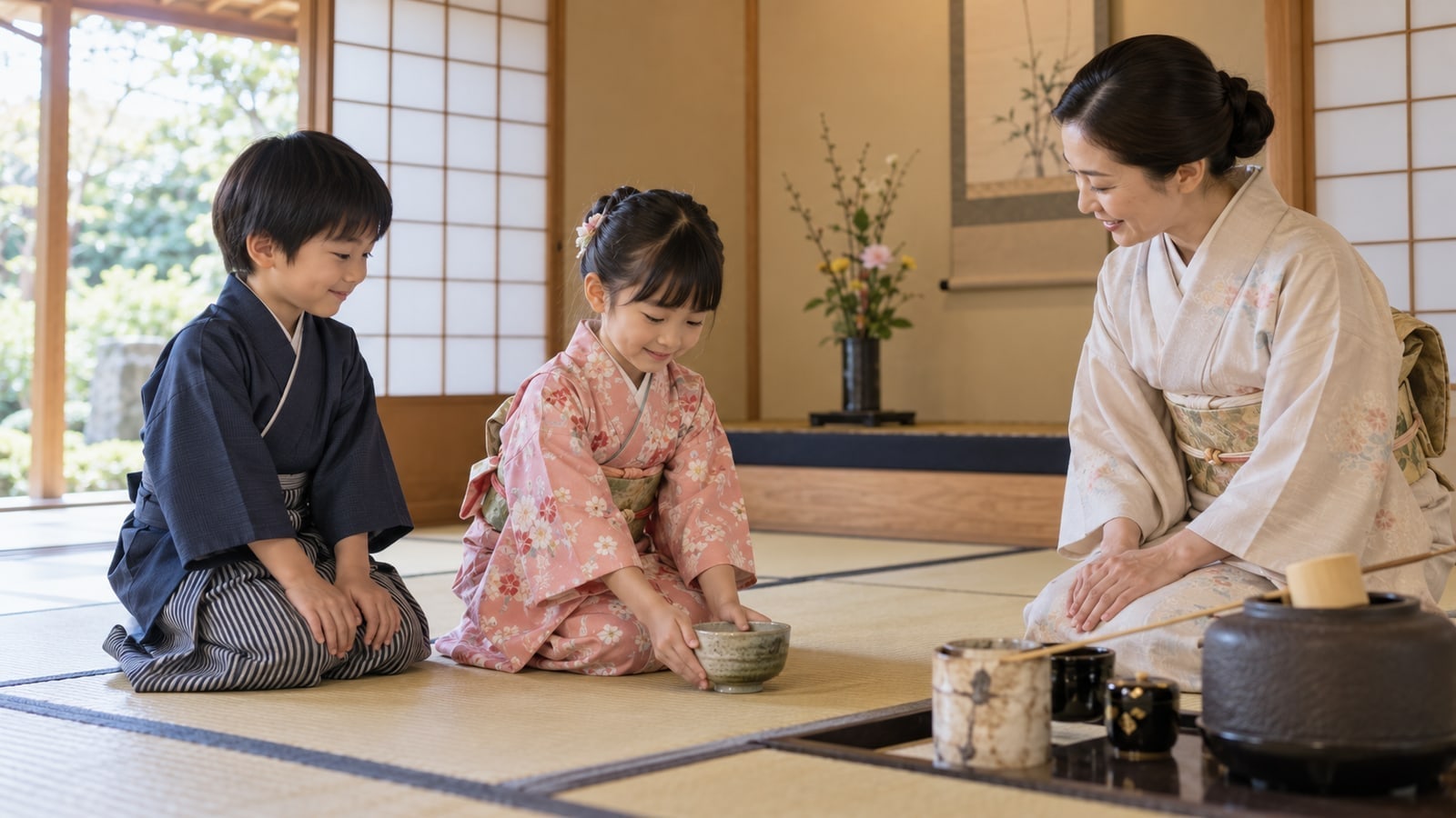子どもが文化教室を体験するAI生成イメージ。加茂市の実在教室・参加者ではありません。
