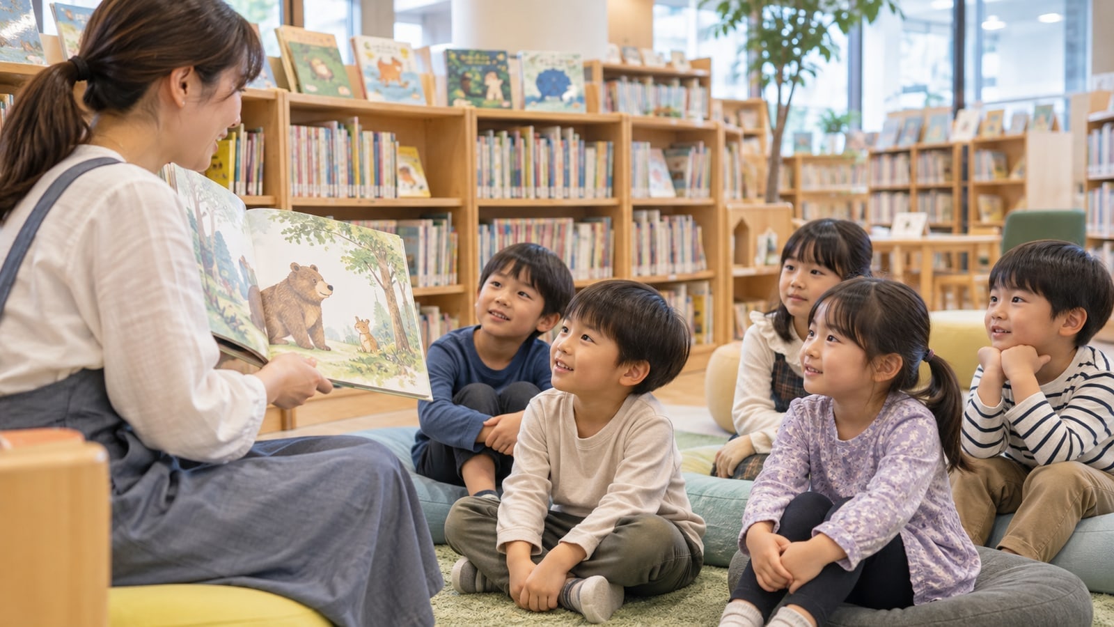 子どもが本や文化に親しむAI生成イメージ。加茂市立図書館の実在写真ではありません。