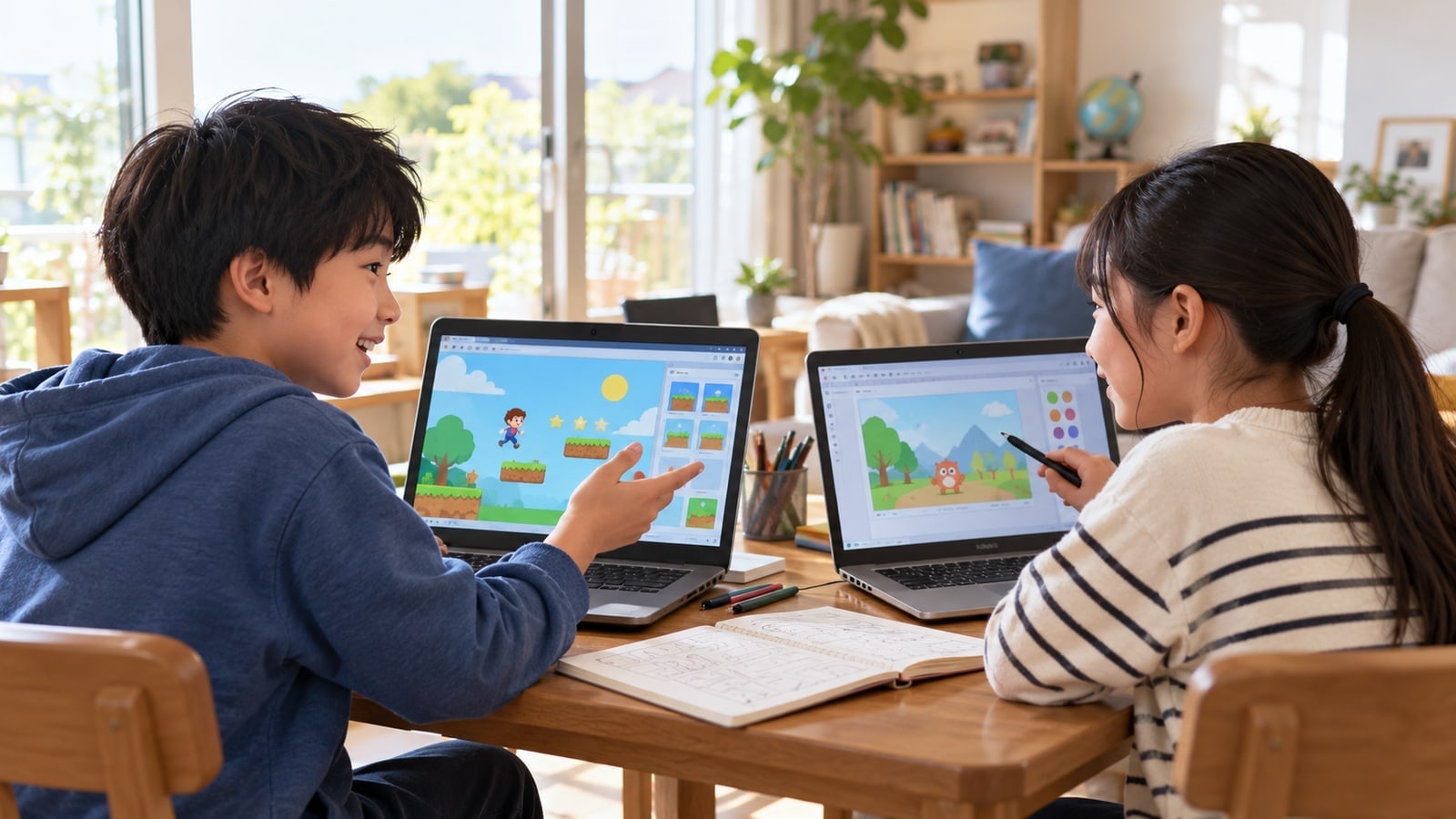 子どもがオンラインの探究活動を考えるAI生成イメージ。NIJINや加茂市の実在参加者ではありません。
