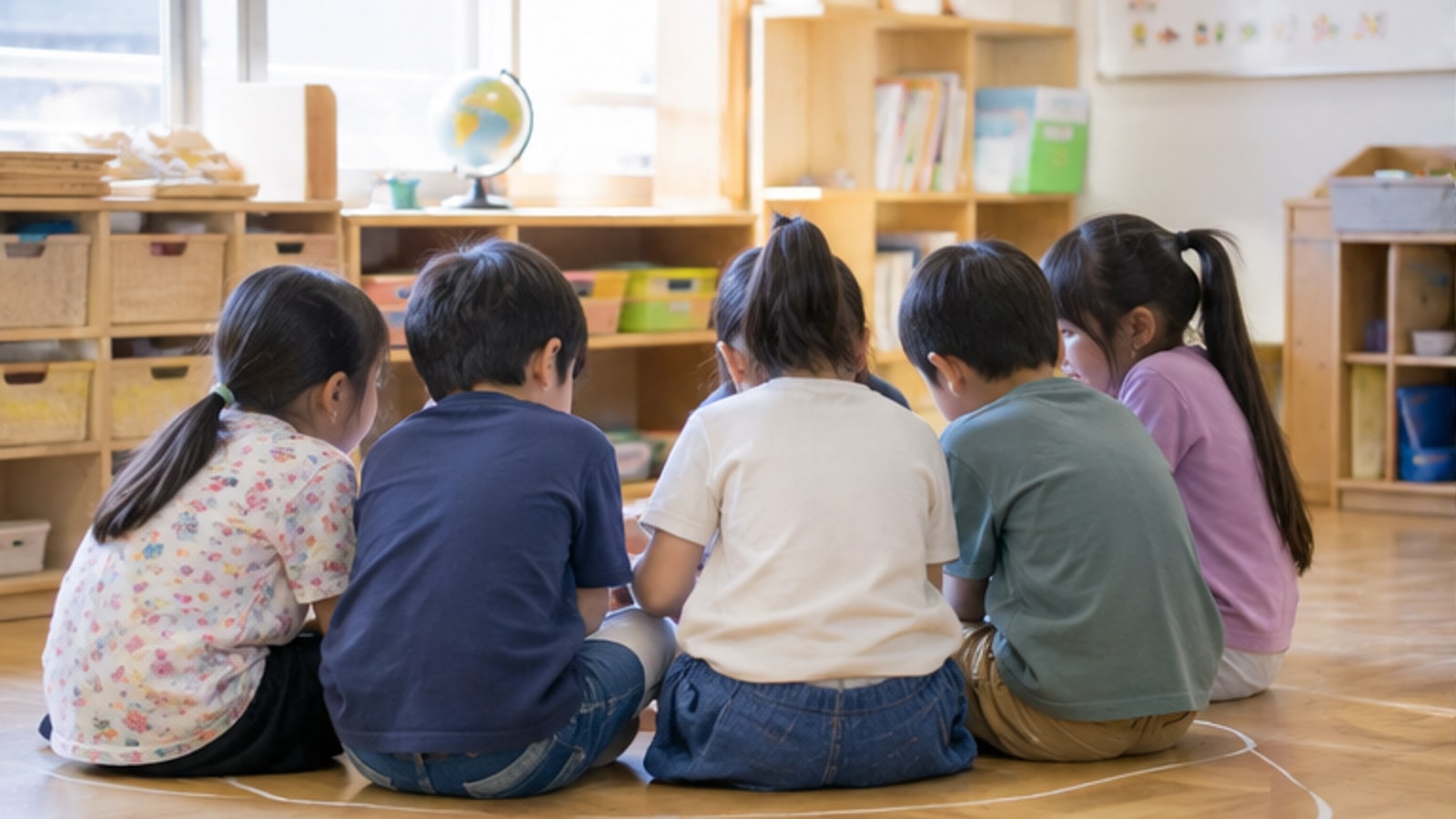 小学生が仲間と机を囲んで学ぶ後ろ姿