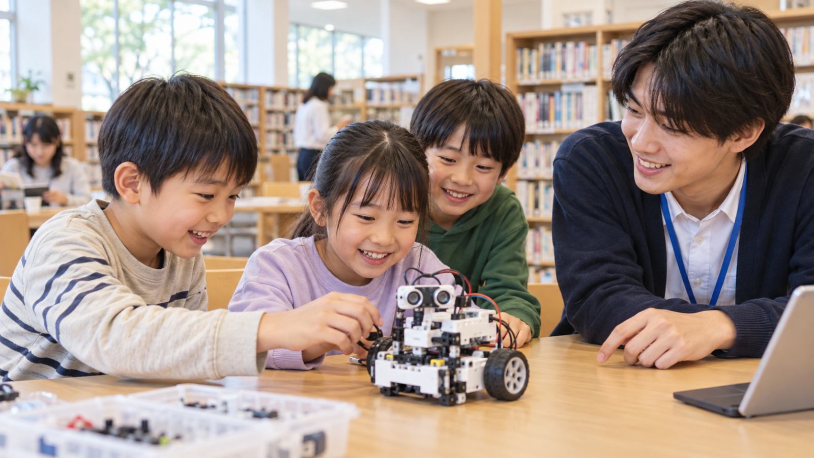 図書館で小型ロボットを観察する日本人の子どもたちの生成イメージ。観音寺市立図書館のイベントや実際の参加者を撮影した写真ではありません。