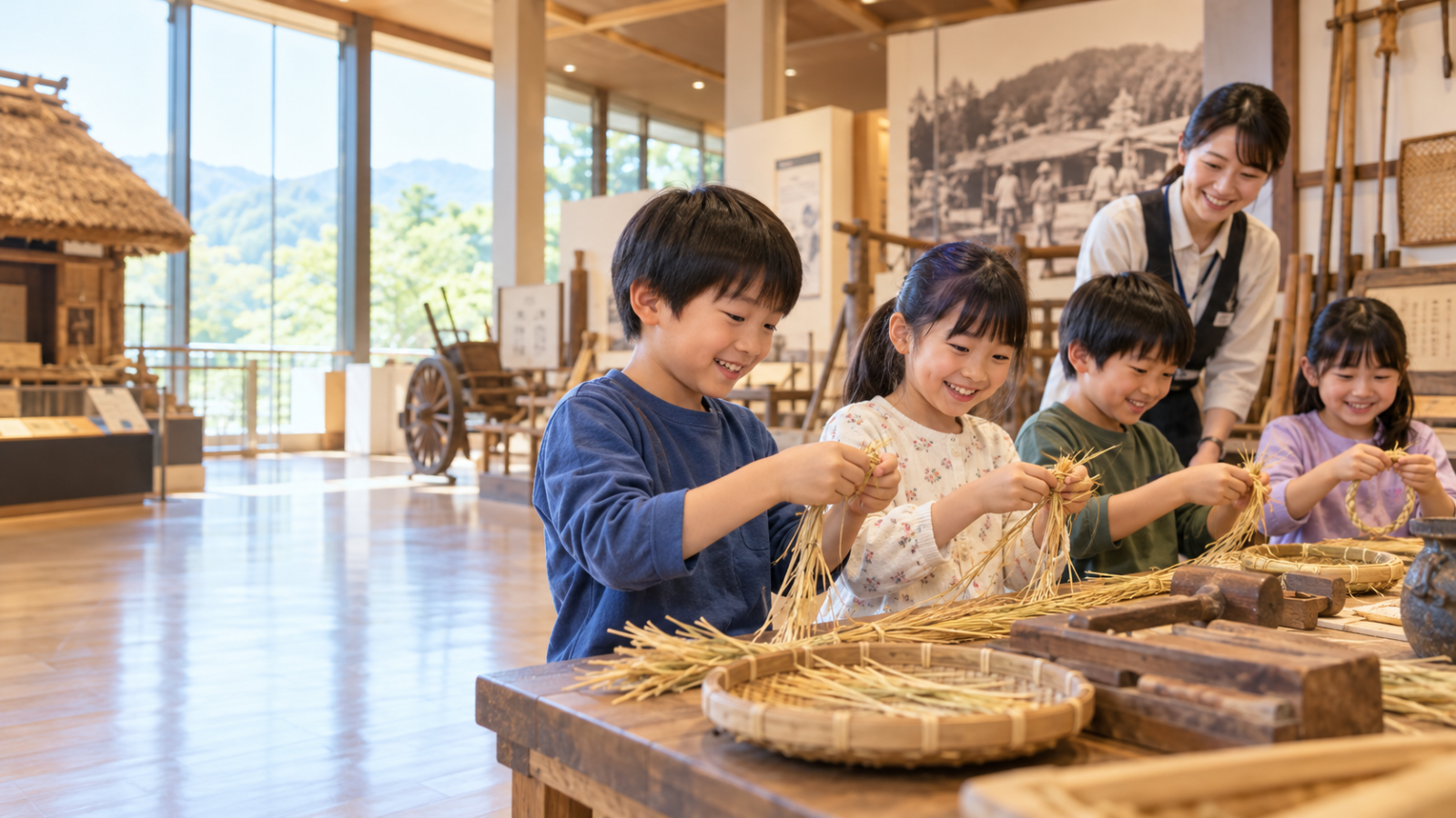 昔の道具を題材に工作に取り組む子どもたちの生成イメージ。観音寺市ふるさと学芸館の展示物や実際の体験活動を撮影した写真ではありません。