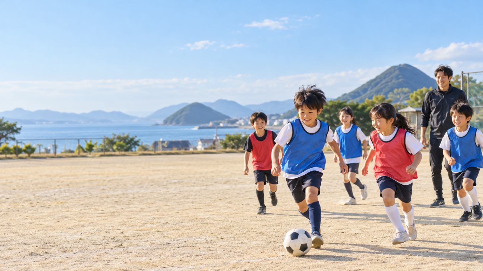 屋外でボールを追いかける日本人の小学生とコーチの生成イメージ。観音寺市の実際のスポーツ少年団や参加者を撮影した写真ではありません。