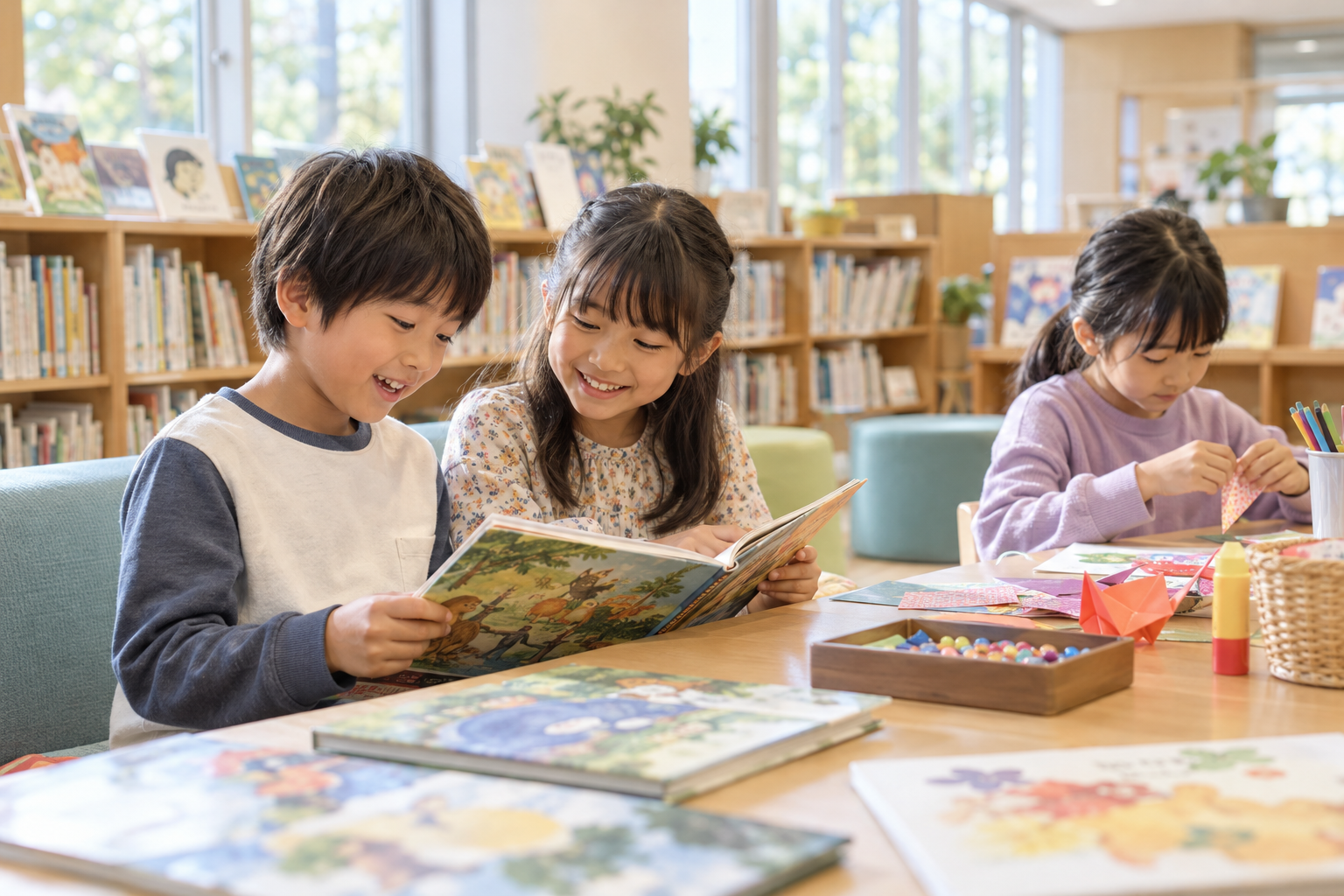 本や工作を囲んで楽しむ子どもたちのイメージ画像。鹿屋市の実際のイベント会場や参加者を撮影したものではありません。