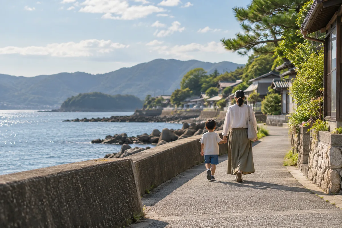 親子が海辺の道を歩くイメージ画像