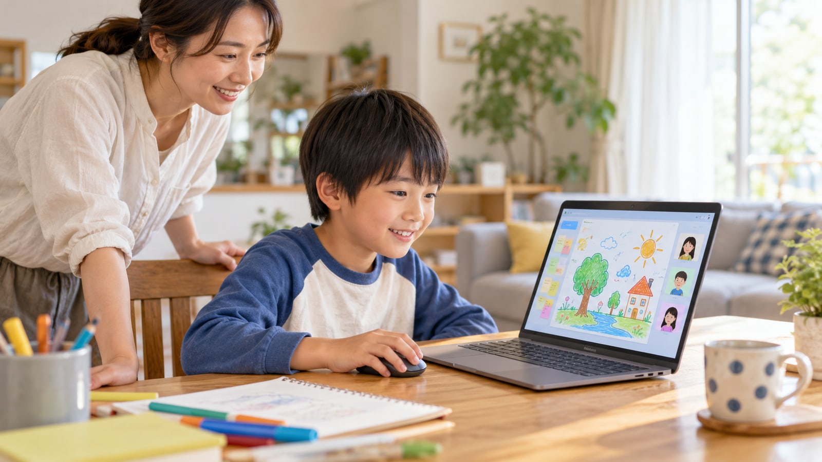 自宅でデジタル制作に取り組む子どもをイメージした生成画像。NIJINの実際の授業・校舎・参加者の写真ではありません