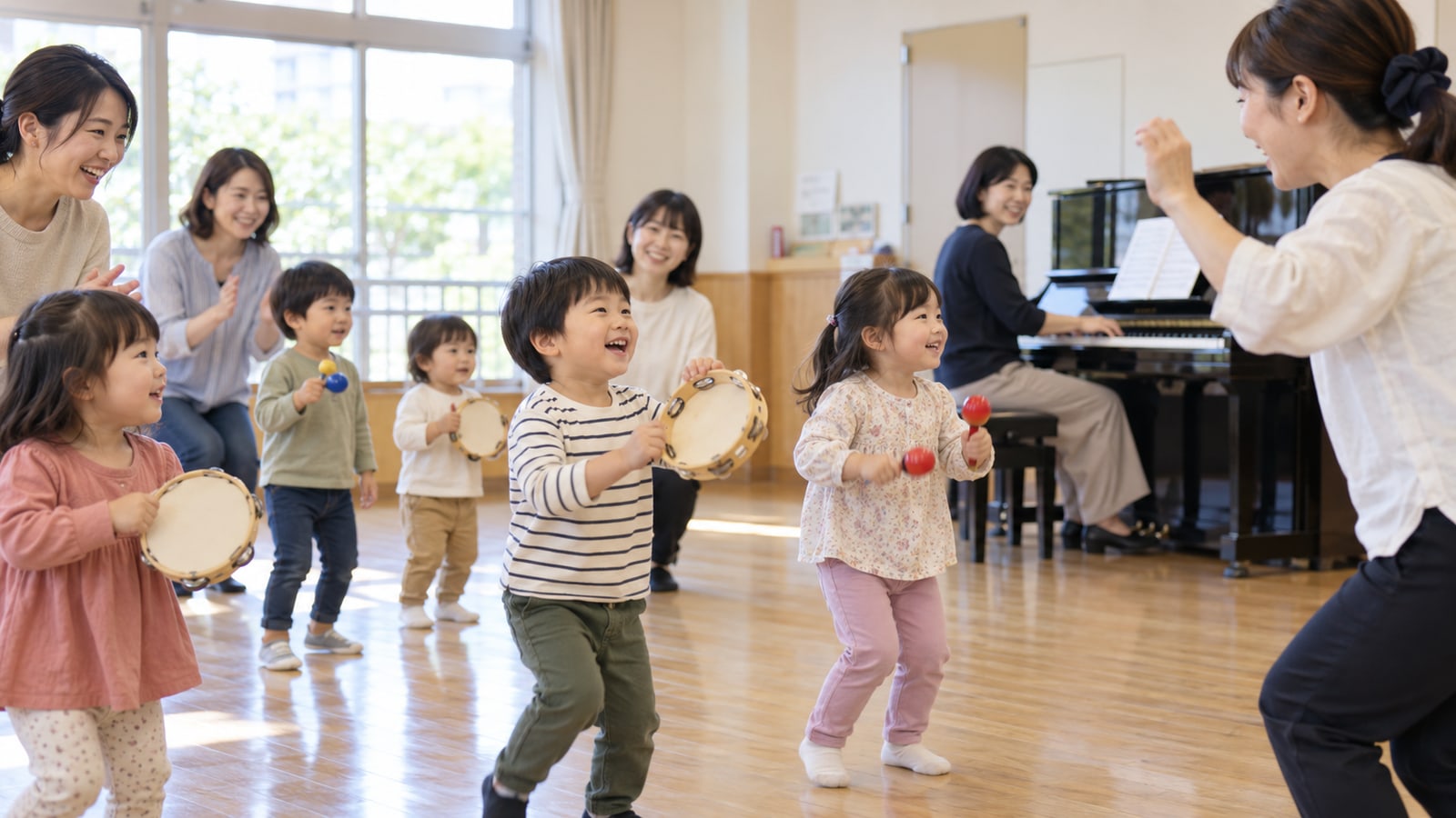 親子で音楽やリズム遊びをする様子をイメージした生成画像。市の講座や実際の参加者の写真ではありません