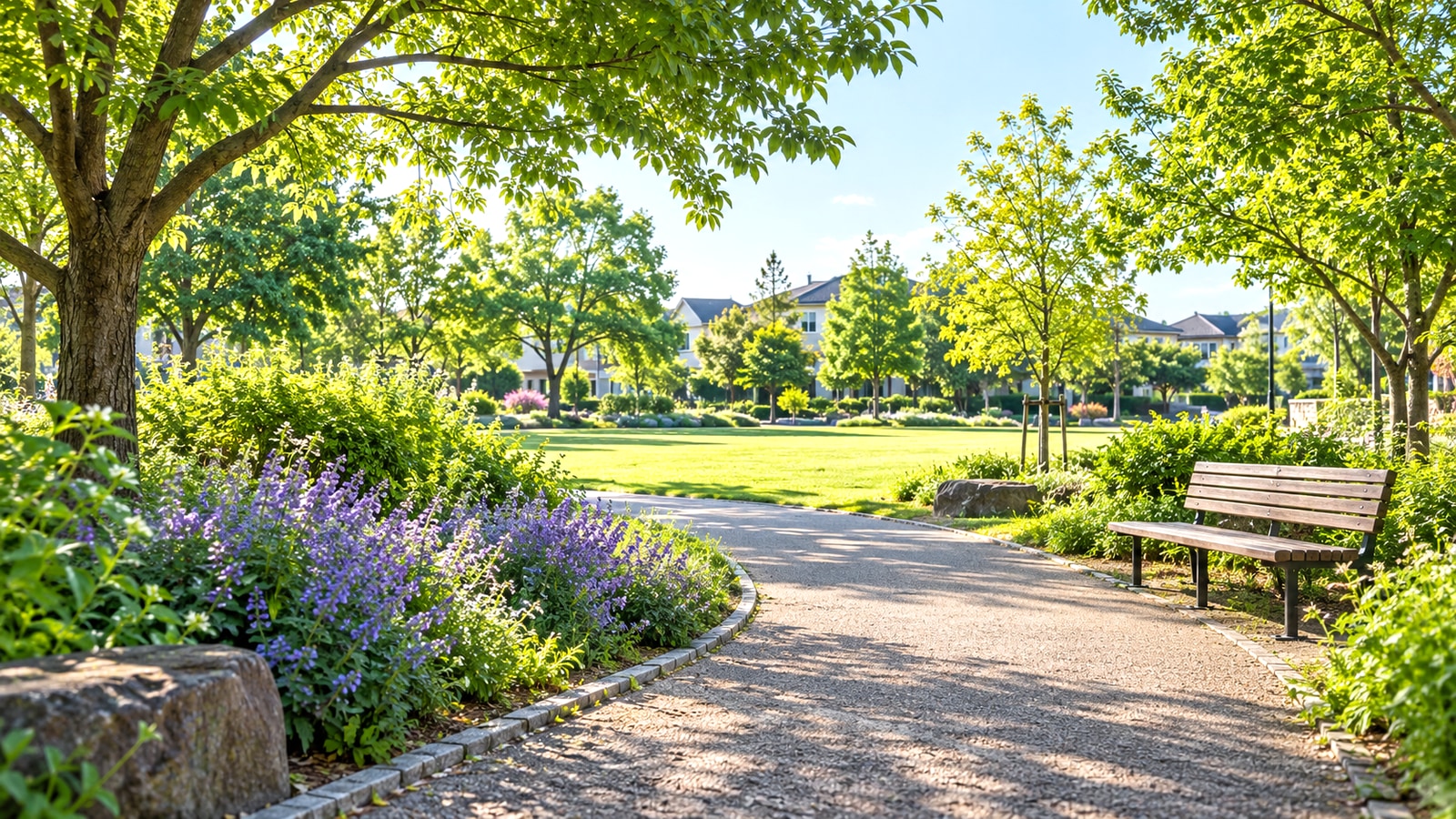 春日部市の公園と緑の小道をイメージした明るい風景