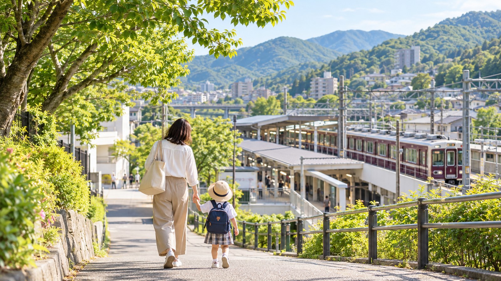 川西市の緑豊かな駅前と親子の通園動線をイメージした明るい風景