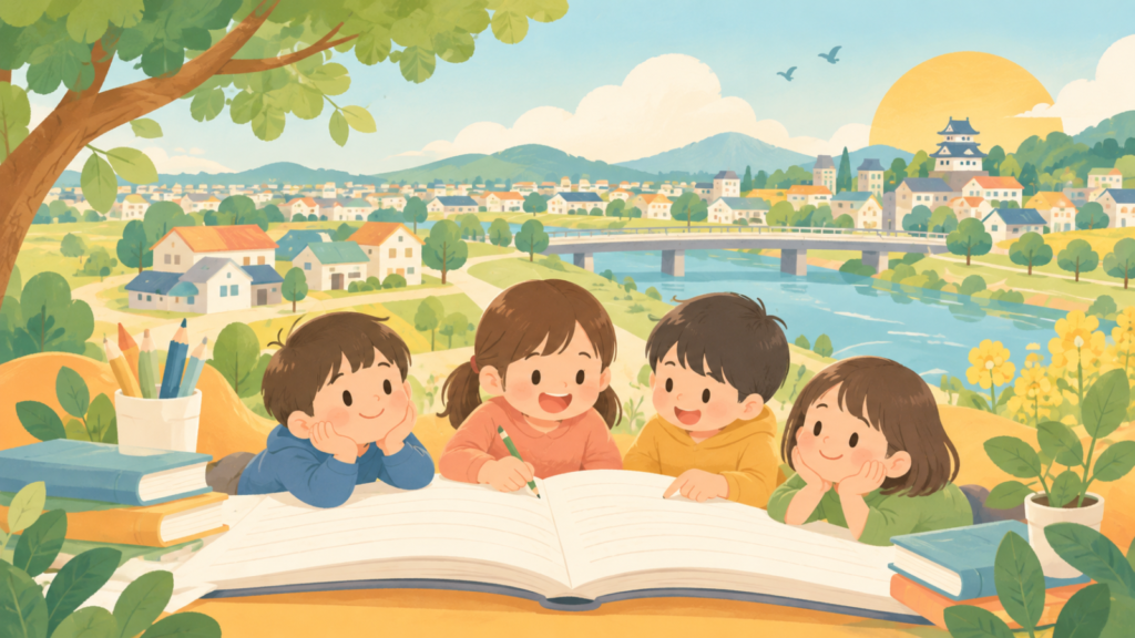 加須市の学びと居場所を考える記事用イラスト。実在の人物・施設ではありません