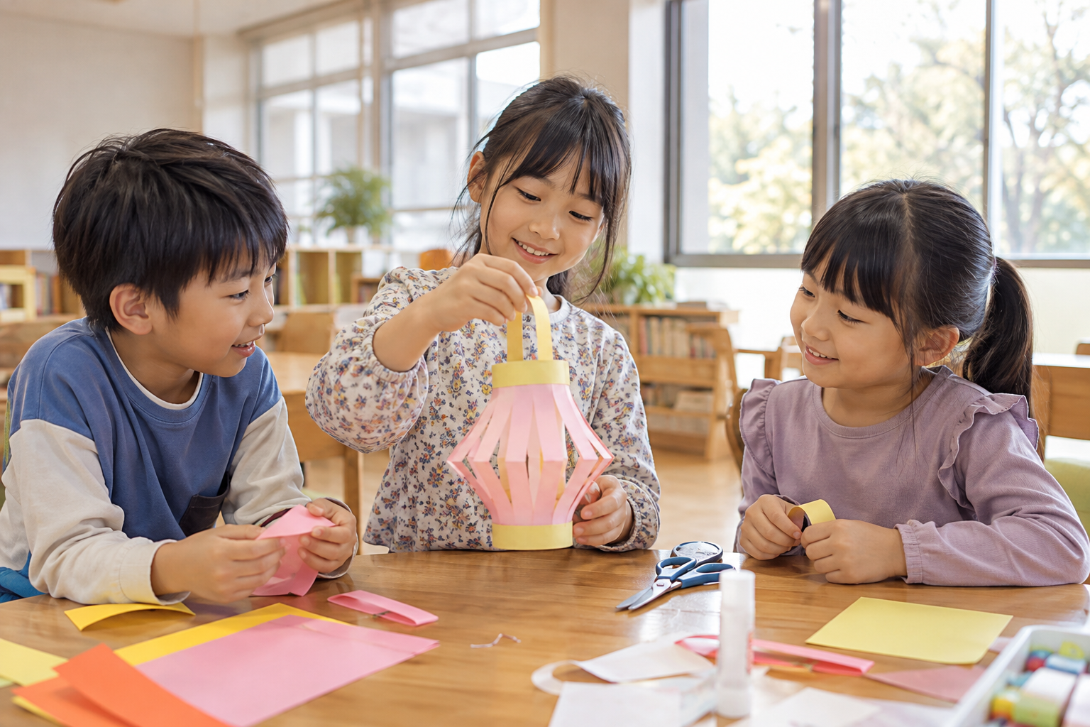室内で工作を楽しむ笑顔の日本人の小学生たちを表現した生成イメージ