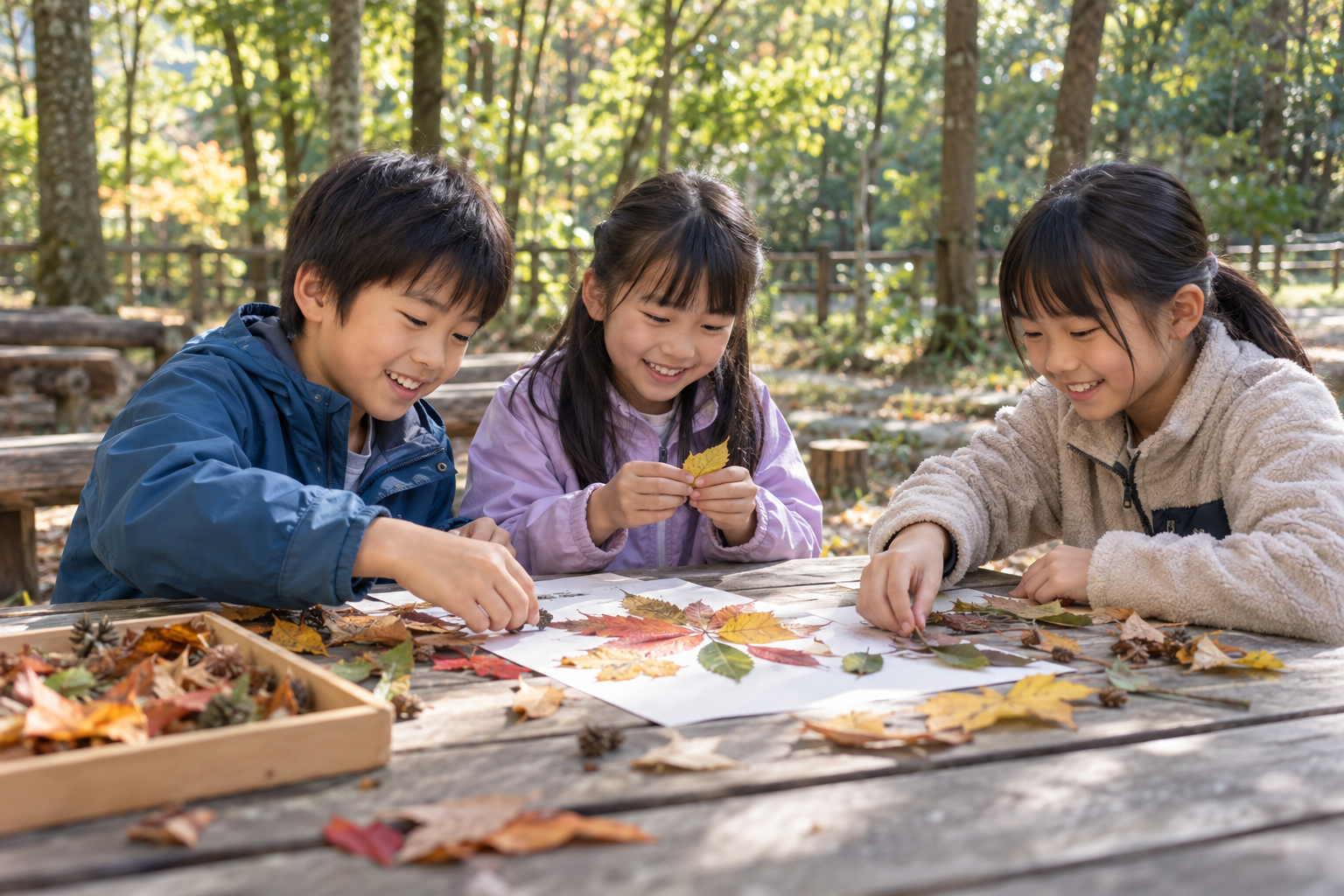 屋外で落ち葉を観察する笑顔の日本人の子どもたちを表現した生成イメージ