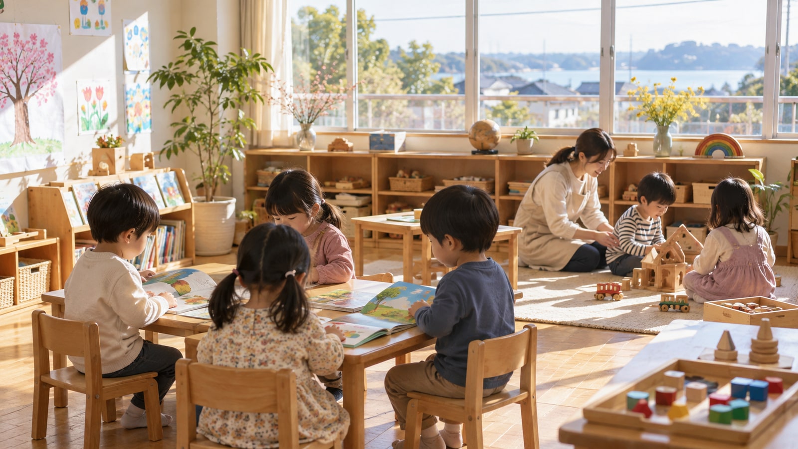 自然光が入る幼児向けの保育室と木のおもちゃ