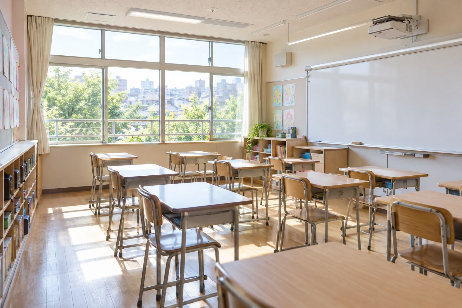多言語の本が並ぶ明るい学習スペース