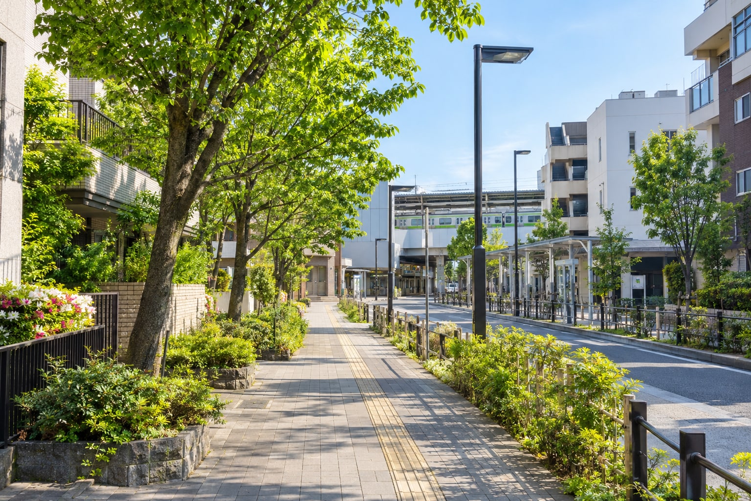 北区の緑道と街並みを望む明るい風景