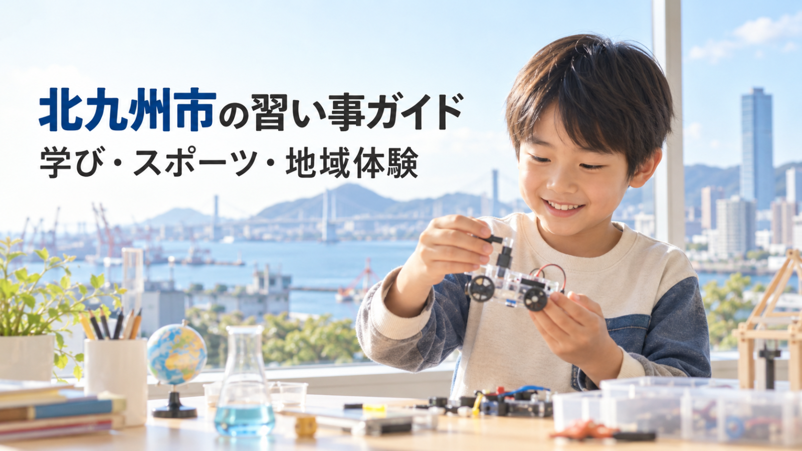 北九州市の習い事ガイド。港の風景を背景に笑顔の日本人の子どもが工作をする文字入り生成画像