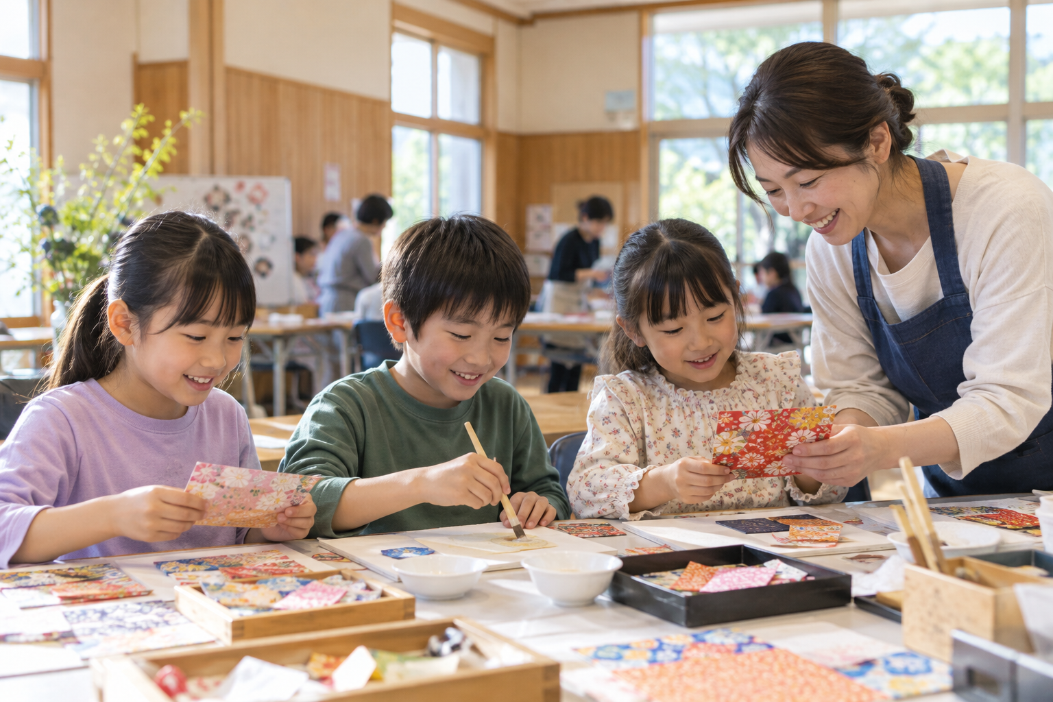 子どもたちが工作に取り組む様子の生成イメージ。北見市内の教室・行事・参加者の実写ではありません。