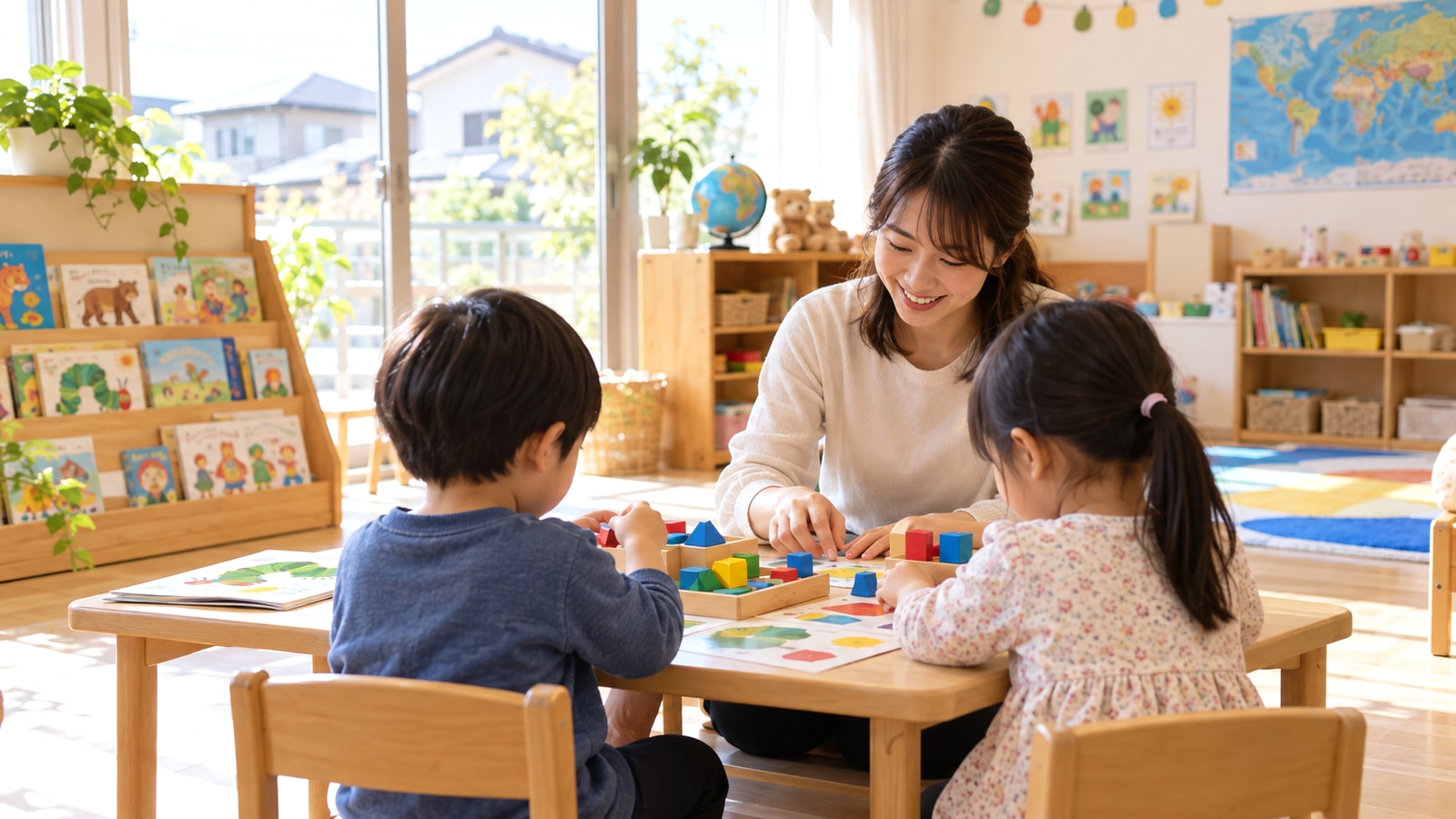 自然光が差し込む幼児の学び場をイメージした室内