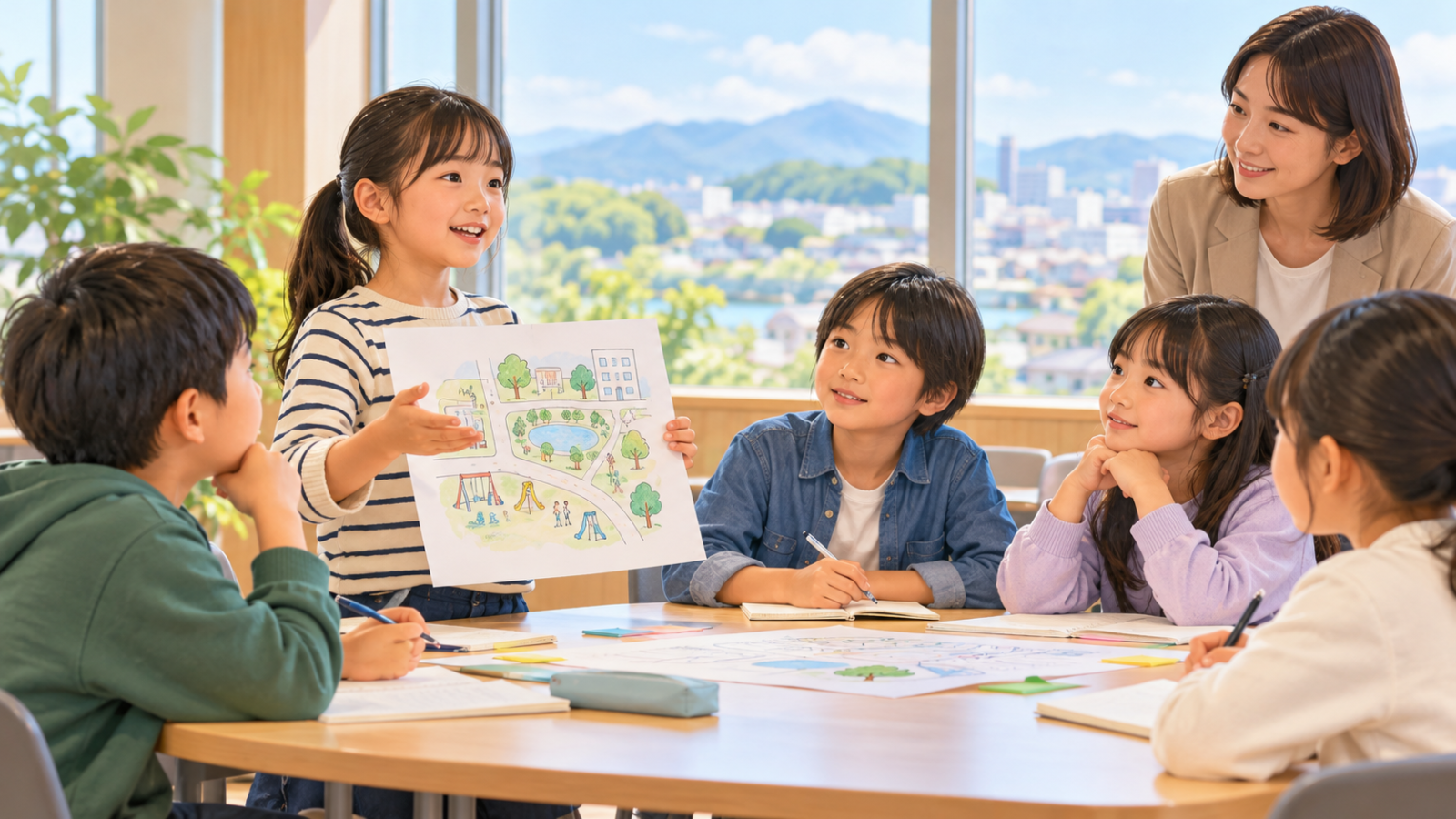 地域のアイデアを話し合う小学生