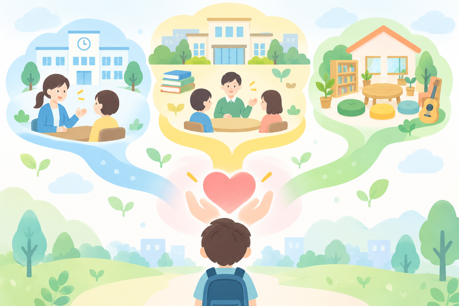 学校・公的支援・民間の居場所をつなぐ架空の図解イラスト。実在施設ではありません