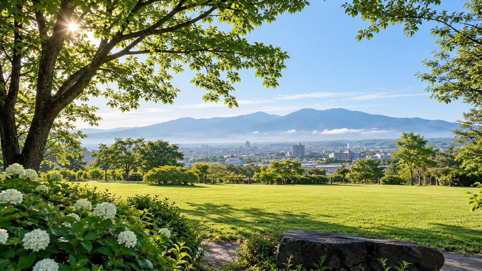 郡山市の緑豊かな公園から街と山並みを望む景色