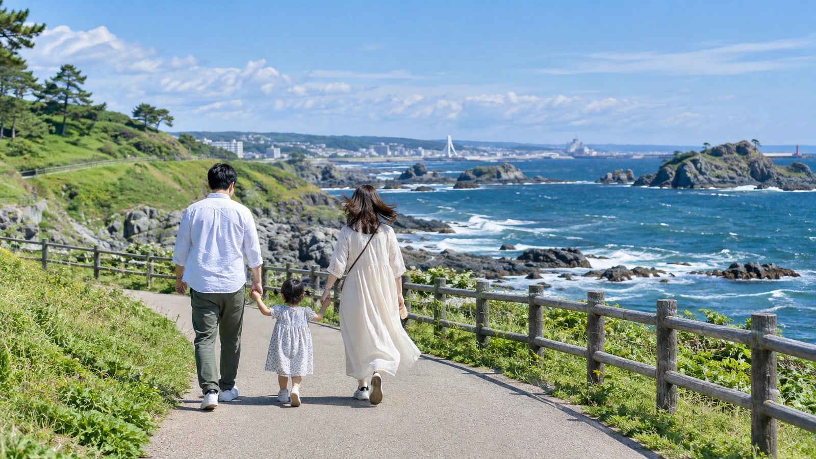 越谷レイクタウンの湖畔を親子で歩く様子