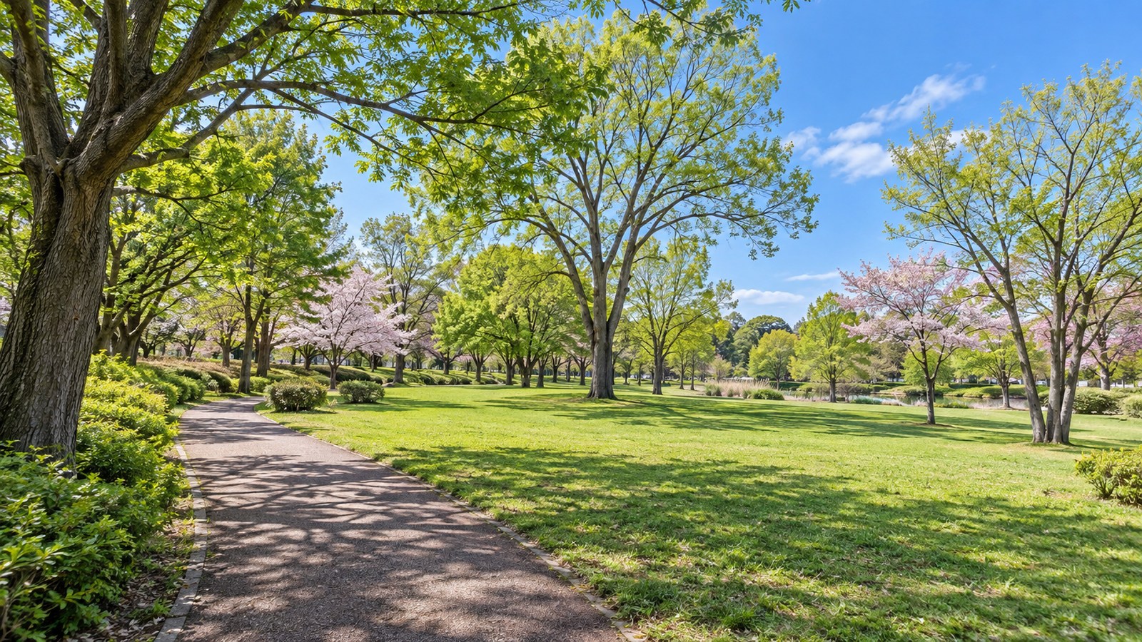 久喜市をイメージした緑の公園と晴れた空