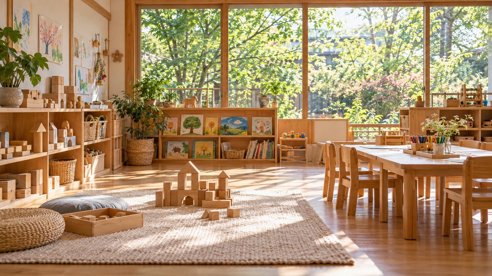 明るい窓辺の子ども向け学習室