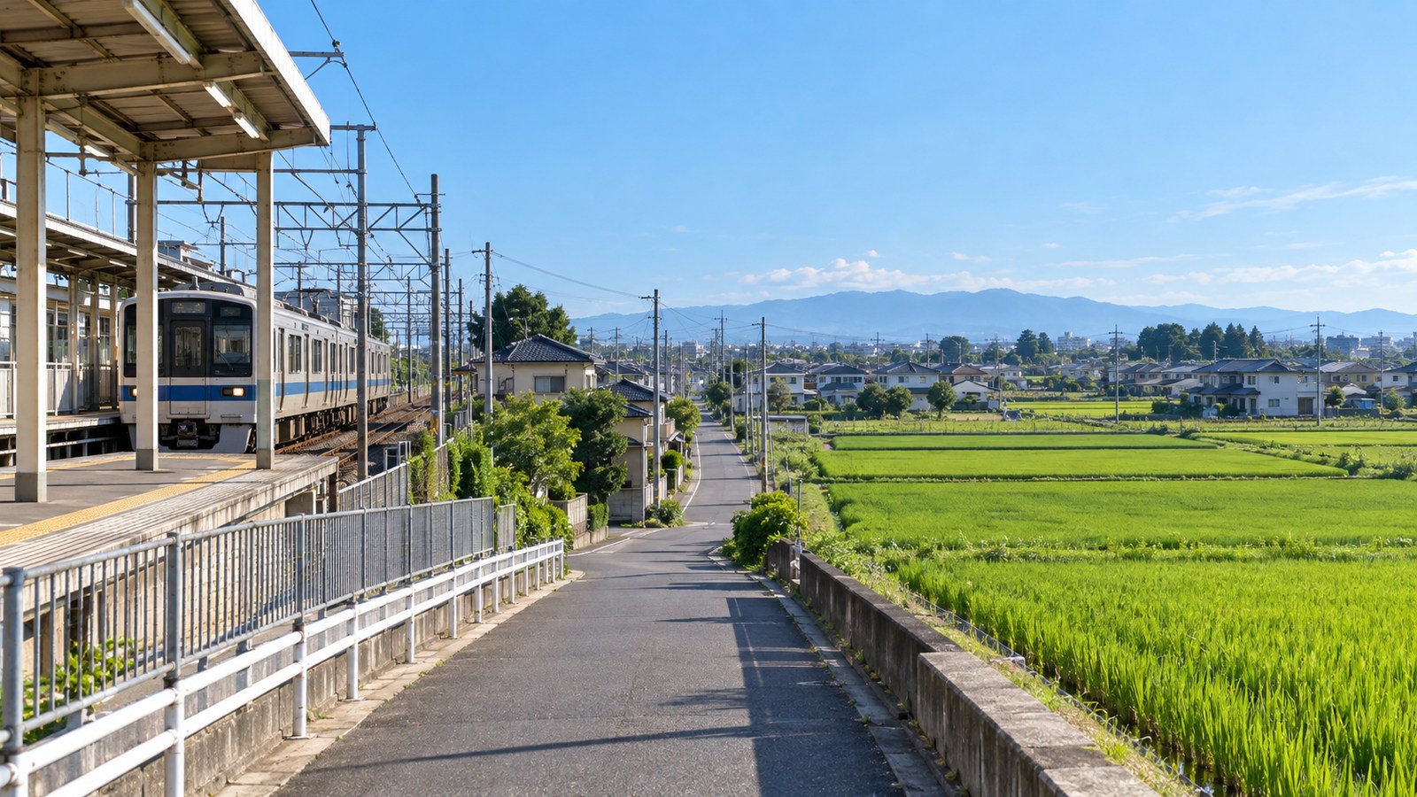 久喜市の駅前と田園風景をイメージした景色