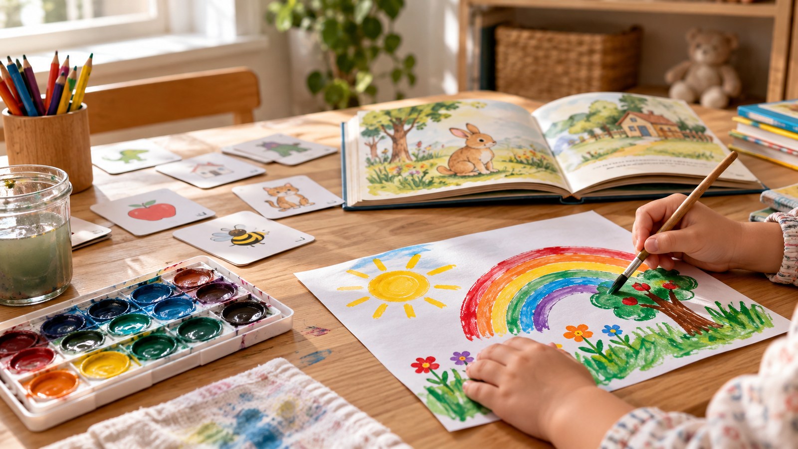 子どもが英語の絵本と工作に取り組む学習風景
