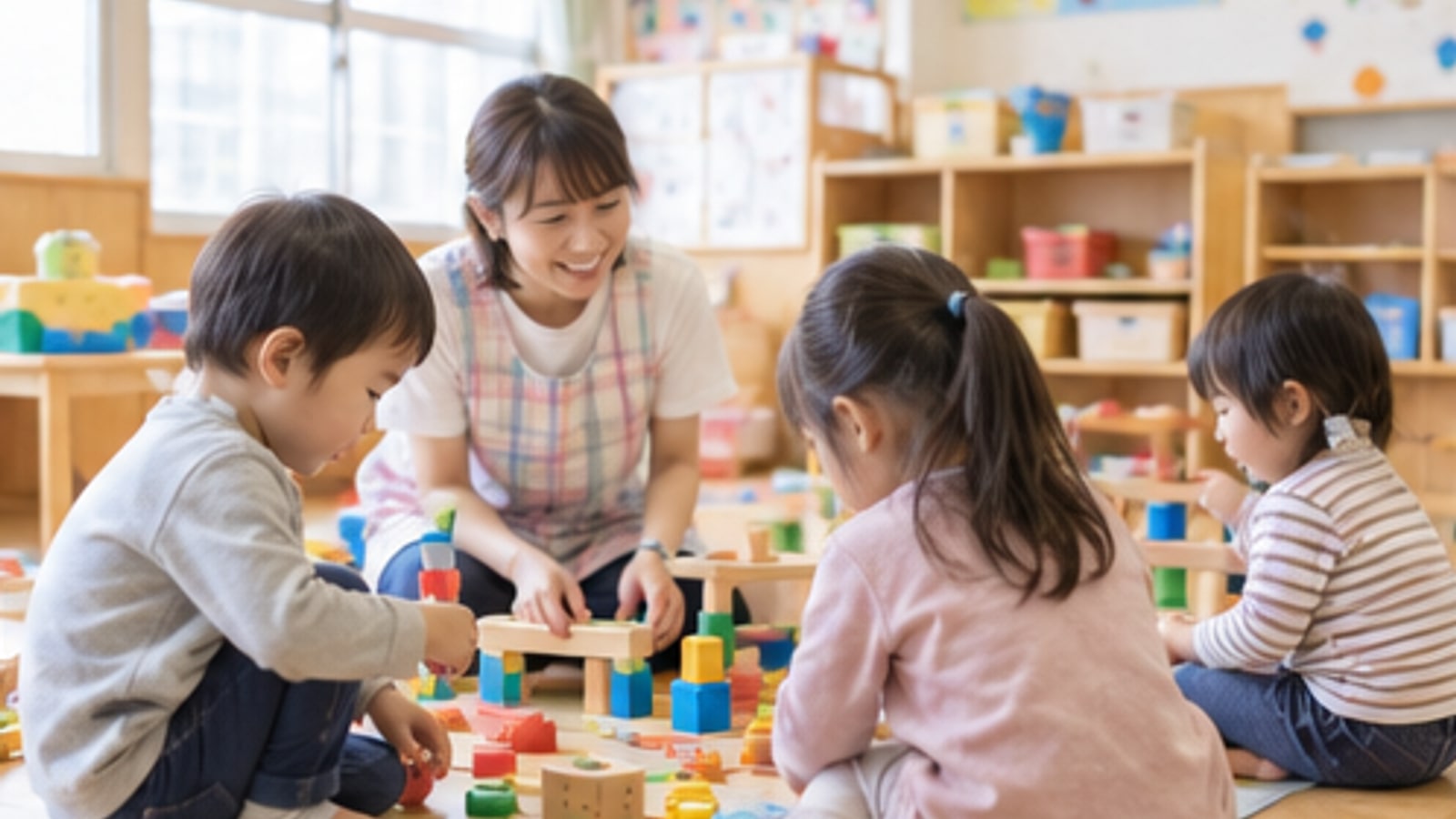 木の教材を使って幼児が自分で活動を選ぶ学びのイメージ