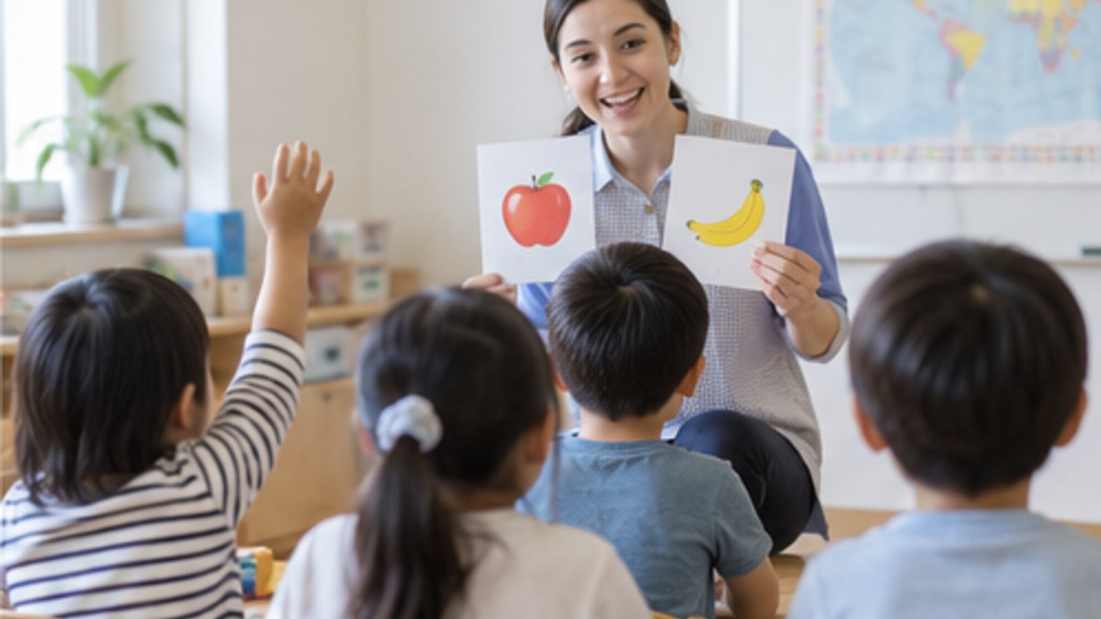 保育者と子どもが英語絵本を楽しむ自然光の教室
