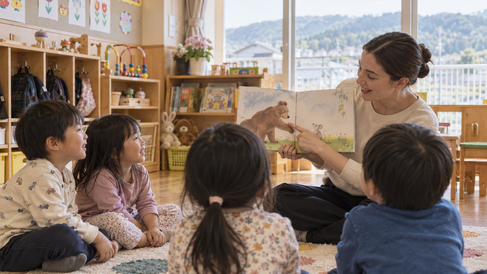 呉市を思わせる幼稚園で英語絵本を読む先生